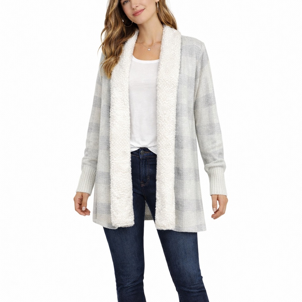 Adrienne Vittadini Plaid Sherpa Cardigan Open Front XXL